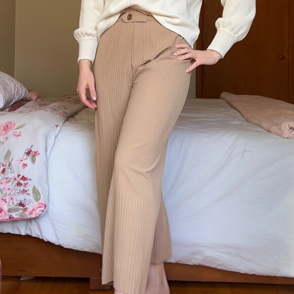 Tan Wide-Leg Pleated Pants - Picture 1 of 6